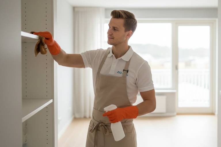 Professional Scandinavian cleaner performing move-out cleaning in an empty modern Swedish apartment, wearing a clean white uniform and apron with orange rubber gloves, wiping shelves and surfaces with a microfiber cloth, minimal interior, neutral colors, bright natural daylight, clean and organized environment, photorealistic commercial cleaning service photography, no text, no watermark, high quality